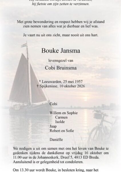 Uitsnede rouwkaart Bouke Jansma Uitsnede rouwkaart Bouke Jansma